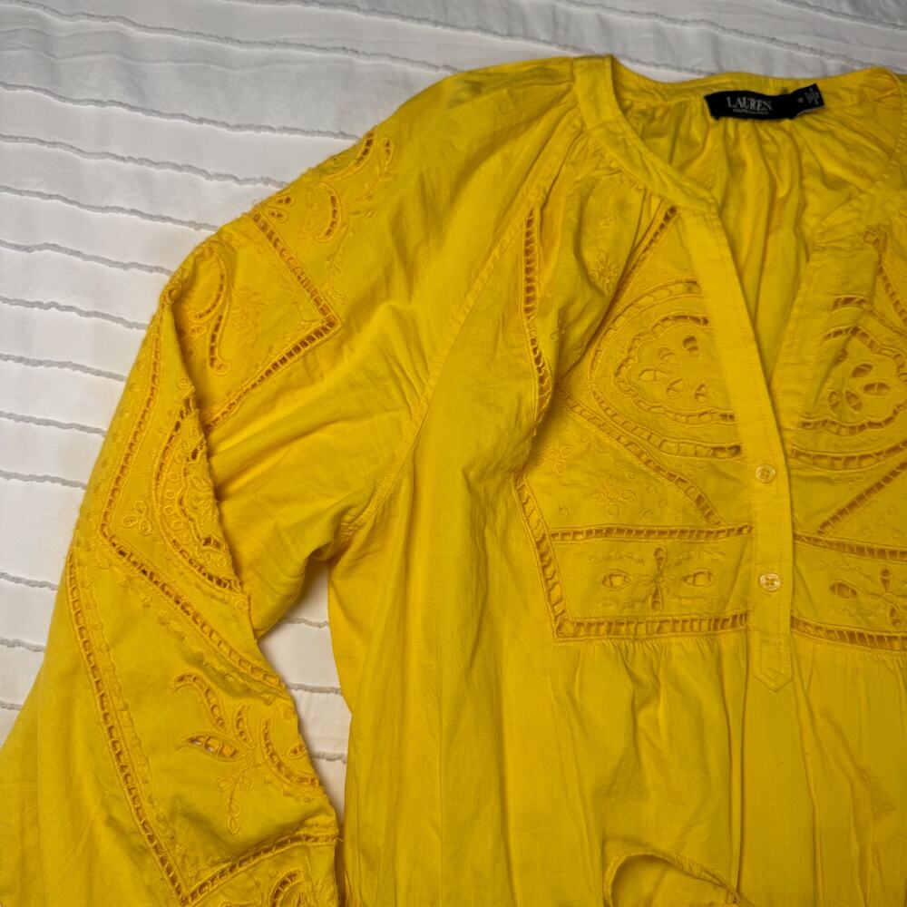 Lauren Ralph Lauren Yellow Embroidered Cotton Dress Women's 12 Boho Summer Euro - Picture 13 of 16
